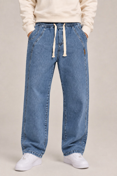 JESIAN Men's Blue Elastic Waist Lace-Up Baggy Jeans – Flexible Jean Denim Rel...