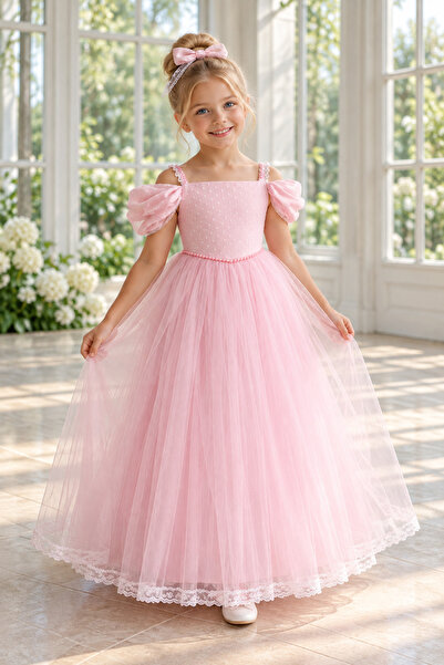 black white wedding Pink Girl's Dress Birthday Concept Scalloped Helen Sleeve...