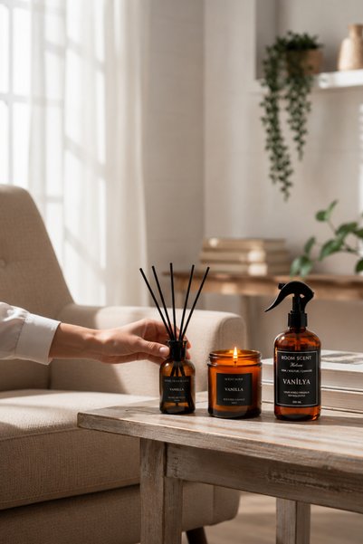 homeartplus Vanilya 3 lü Oda kokusu ve mum seti 250 ml spray , Kavanoz mum ve...