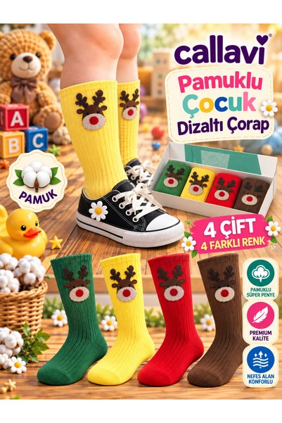 CALLAVI Knee-High Girls' Socks with Deer Accessories, 4 Pairs in a Box