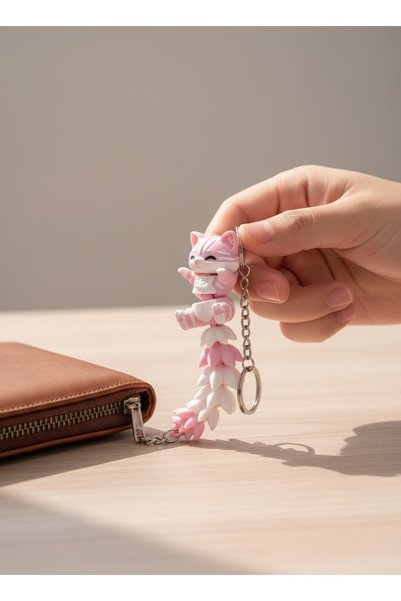 Pazarois Kuyruklu Pembe Kedi Figürlü Hareketli Anahtarlık