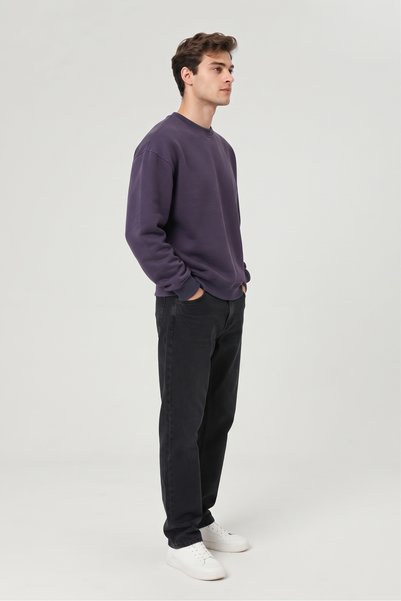 Vasto Moda Erkek Oversize Kalın Dokulu 3 İplik Şardonsuz Ribanalı Bisiklet Yakalı Basic Mor Sweatshirt