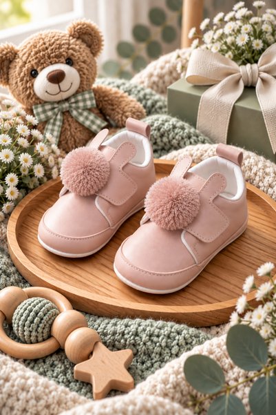 VestioStore Bebek Pembe Pudra Tavşan Kulaklı Ponponlu Cırt Cırtlı Yumuşak Tab...