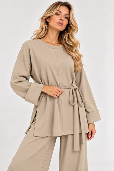 Selay Accessory Women's Oversize Oysho Fabric Waist-Tie Blouse and Pants Two-...