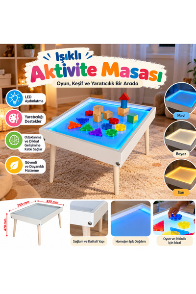 Damla Toys Montessori Ahşap Çocuk Işıklı Aktivite Oyun Masası - 9 Farklı Renk...
