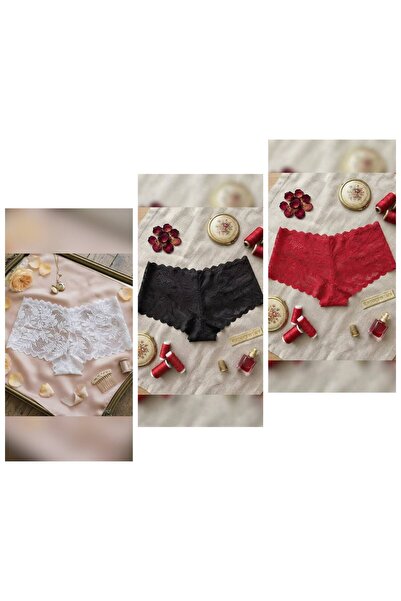 laseni underwear Kadın Kırmızı Siyah Beyaz 3'lü Paket Dantel  Desenli Tanga Ş...