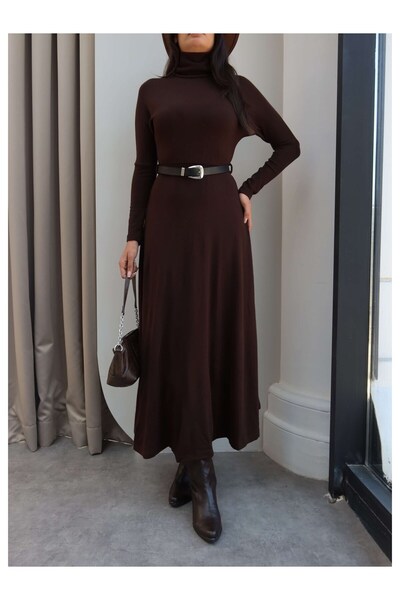 ESRAHELVACI High Collar Belted Long Knit Dress