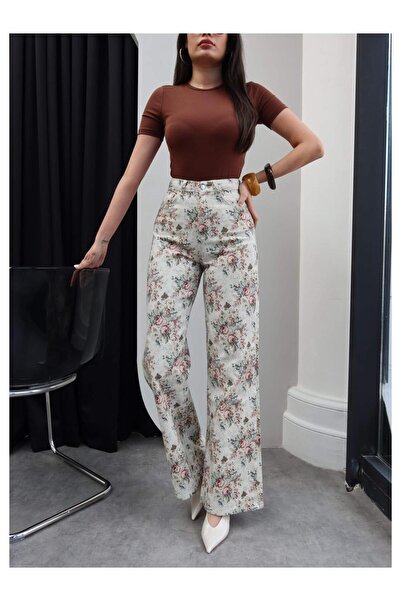 ESRAHELVACI Jeans mit Blumenmuster, hoher Taille und weitem Bein