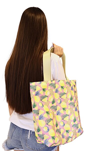 ICONE BAG Kadın, Kız Plaj Çantası, Baskılı Plaj Çanta, Limon Desenli Çanta