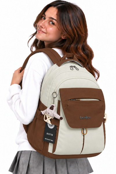 Harmela Waterproof Fabric Unisex Daily School Backpack 2601 Water Green-Tan