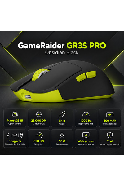 GameRaider GR3S PRO Obsidian Black PixArt 3395 Sensör Kablosuz Gaming Mouse