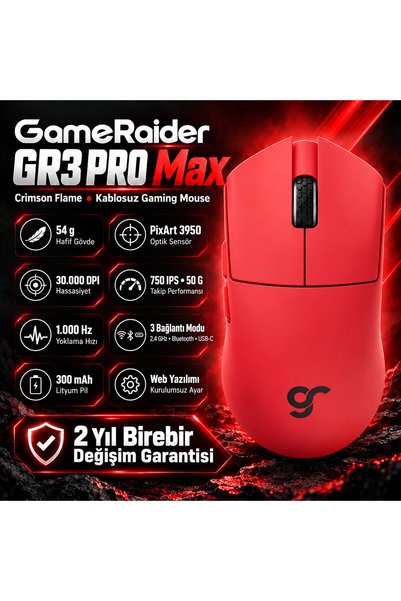 GameRaider GR3 PRO Max Crimson Flame PixArt 3950 Sensör Kablosuz Gaming Mouse
