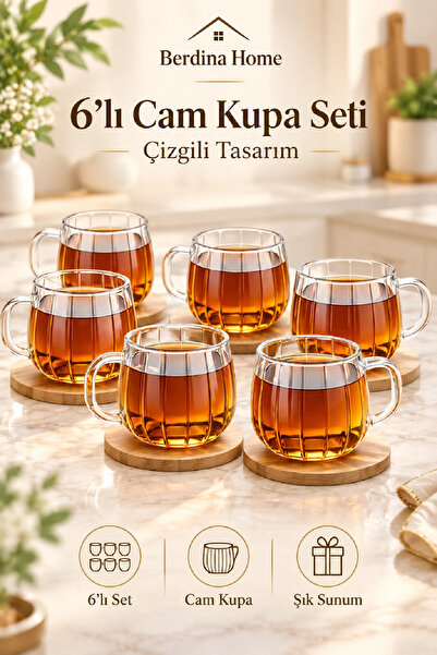Berdina Home 6'lı Çizgili Still Cam Bardak 250 ml Isıya Dayanıklı Kahve Sunum...