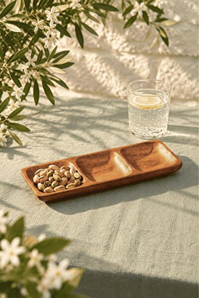 Atbyhome 3 Bölmeli Akasya Çerezlik ve Sunum Tabağı 25x10 cm | Dikdörtgen Mezelik Sosluk Kahvaltılık Tabak 25x10x2.54 cm
