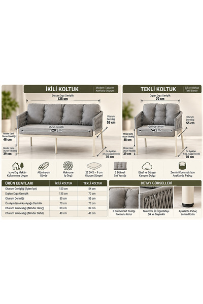 Tu Tienda ALÜMİNYUM,İP ÖRGÜLÜ ÜSKÜDAR 2+1+1+MASA(70*120) BAHÇE BALKON MUTFAK TAKIMI,GRİ
