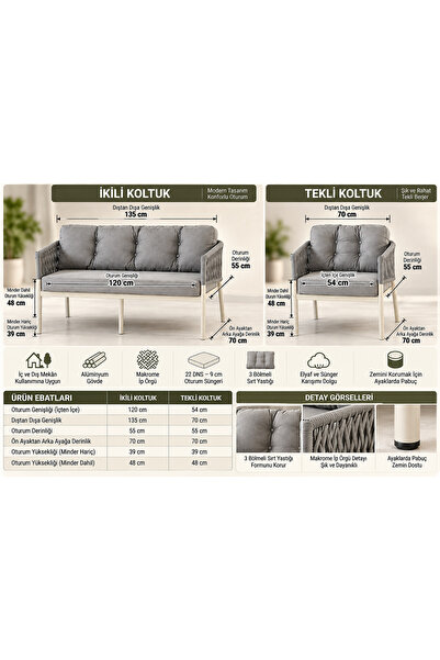 Tu Tienda ALÜMİNYUM İP ÖRGÜLÜ ÜSKÜDAR 2+1+1+MASA(70*120) BAHÇE BALKON MUTFAK TAKIMI