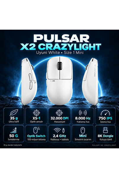Pulsar X2 CrazyLight 8K Hz XS-1 Sensör Uyuni White Kablosuz Size 1 Mini Simet...