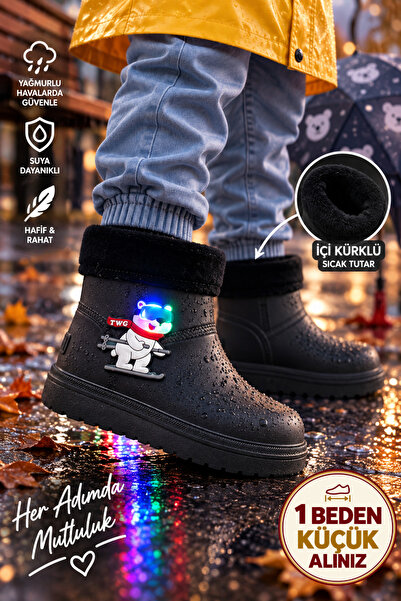 Twingomax Çocuk Kışlık Emojili Işıklı Konforlu Yağmur Çizmesi Unisex