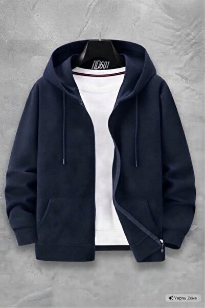 NO 601 Unisex Navy Blue Thick Fabric Zippered Hooded Jacket