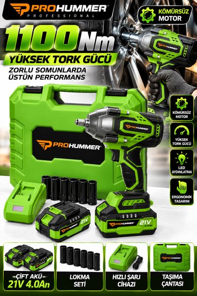 PROHUMMER PH349 1100 Nm Çift Akülü Somun Sıkma Seti (Yeşil)