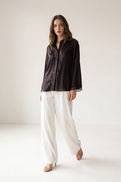 Setre Chocolate Satin Lace Detailed Long Sleeve Relaxed Cut Blouse