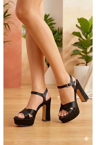 SHOELAYN Women's Black Satin Fabric Ankle Strap Open Front Chunky Heel Platfo...