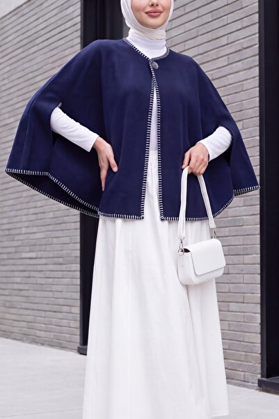 Modamorfo Shepherd's Stitched Pocketed Cashmere Poncho - Dark Blue
