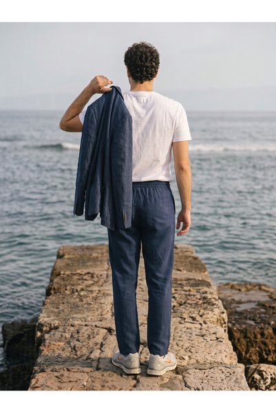 diversi.clo Men's Summer Comfortable Fit Loose Navy Blue Linen Trousers