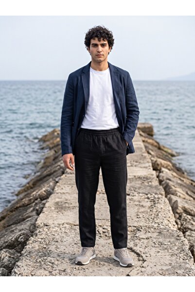 diversi.clo Men's Summer Comfortable Fit Loose Black Linen Trousers
