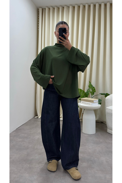 YOUR NAME Dik Yaka Oversize Dökümlü Haki Bluz