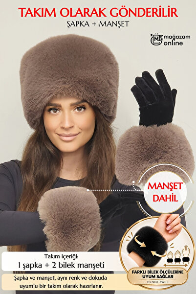Mağazam Online Fluffy Dense Fur Plush Faux Fur Kalpak Hat Women's Winter Beanie - Toscana Mink