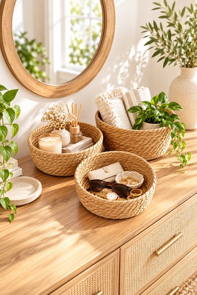 KaiHome سلة خوص طبيعية محبوكة من 3 قطع مخططة طبيعية متعددة الأغراض/منظم للحمام