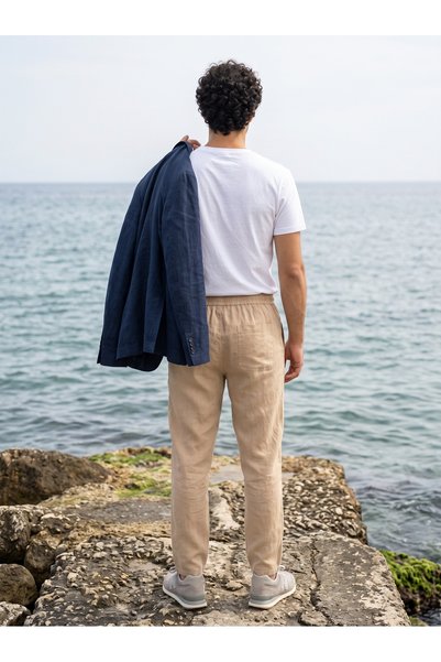 diversi.clo Men's Summer Comfortable Fit Loose Beige Linen Trousers
