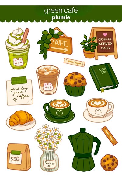 Plumie Green Cafe and Matcha & Books 2-Piece Sticker Sheet Set - Notebook, Planner
