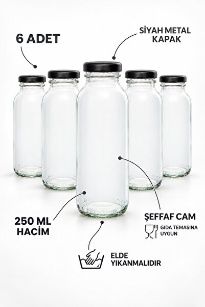 Milea 6 Adet Smoothie Şeffaf Meyve Suyu, Meşrubat, Limonata Şişesi Siyah Meta...