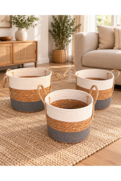 Bahçem Set of 3 Round Wicker Baskets – Decorative Organizer, Flower Pot and S...