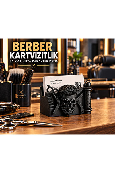 İKONİXPET Barber Hairdresser Themed Business Card Holder Tabletop Decorative Office Accessory Black Business Card Holder