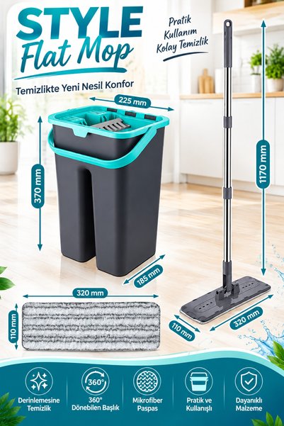 grimorlife Flat Tablet Mop Yer Duvar Silme Temizlik Kova Seti 2 Adet Microfiber Yedek Bez Paspas