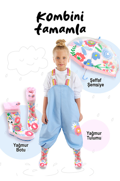 Denokids Kız Çocuk Kedi ve Çiçek Desenli Pembe Su Geçirmez Yağmur Botu 26-34 Numara