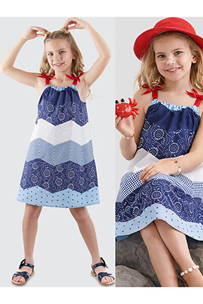 Denokids Navy Blue and White Patterned Poplin Girl's Dress