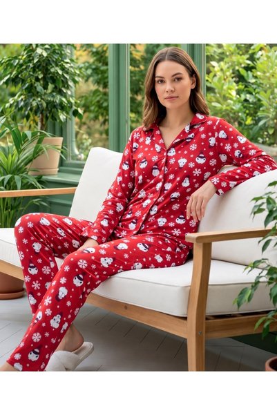 Mia Homewear KADIN KIRMIZI SÜET KUMAŞ YILBAŞI TEMALI ÖNDEN DÜĞMELİ UZUN KOLLU...