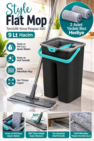 grimorlife Flat Tablet Mop Yer Duvar Silme Temizlik Kova Seti 2 Adet Microfiber Yedek Bez Paspas