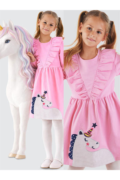 Denokids Κοριτσίστικο χειμωνιάτικο φόρεμα με μονόκερο, βαμβακερό, ροζ, μακρυμ...