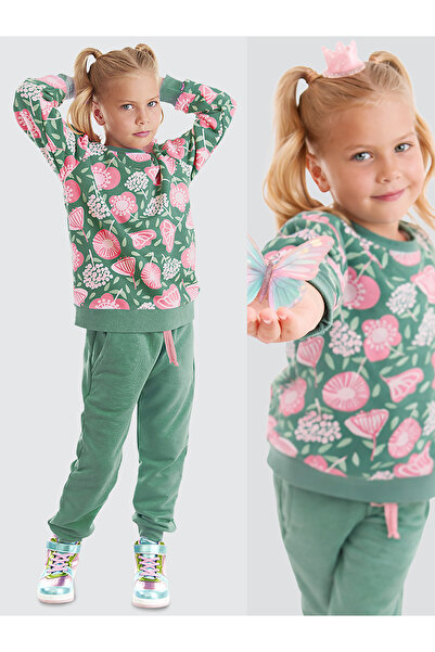 Denokids Girls' Winter Floral Patterned Green Long Sleeve Tracksuit Set 4-10 ...