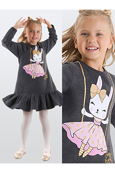 Denokids Κοριτσίστικο χειμωνιάτικο φόρεμα με μακρυμάνικο γκρι σχέδιο κουνελιο...