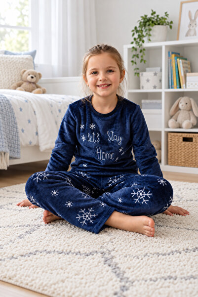 DOFİ Girl's Navy Blue Super Soft Winter Christmas Pajama Set Christmas Themed