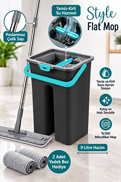 grimorlife Flat Tablet Mop Yer Duvar Silme Temizlik Kova Seti 2 Adet Microfiber Yedek Bez Paspas