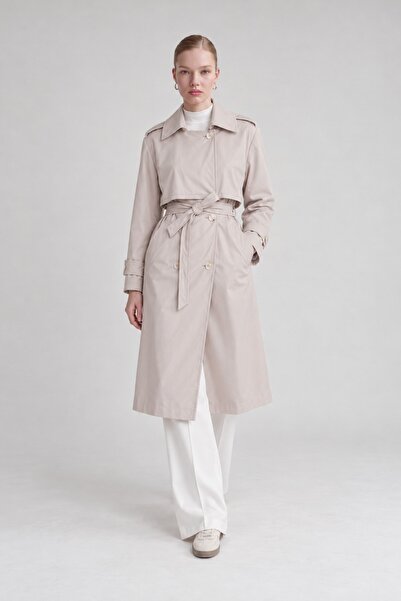 Levidor Midi Length Belted Leather Trench Coat Stone