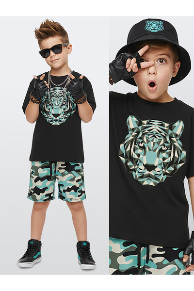 Denokids Boy's Set Tiger Printed 100% Cotton T-Shirt Shorts Summer Set