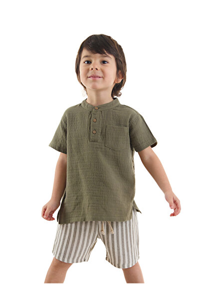 Denokids Baby Boy Green Muslin Striped Shorts and Shirt Set